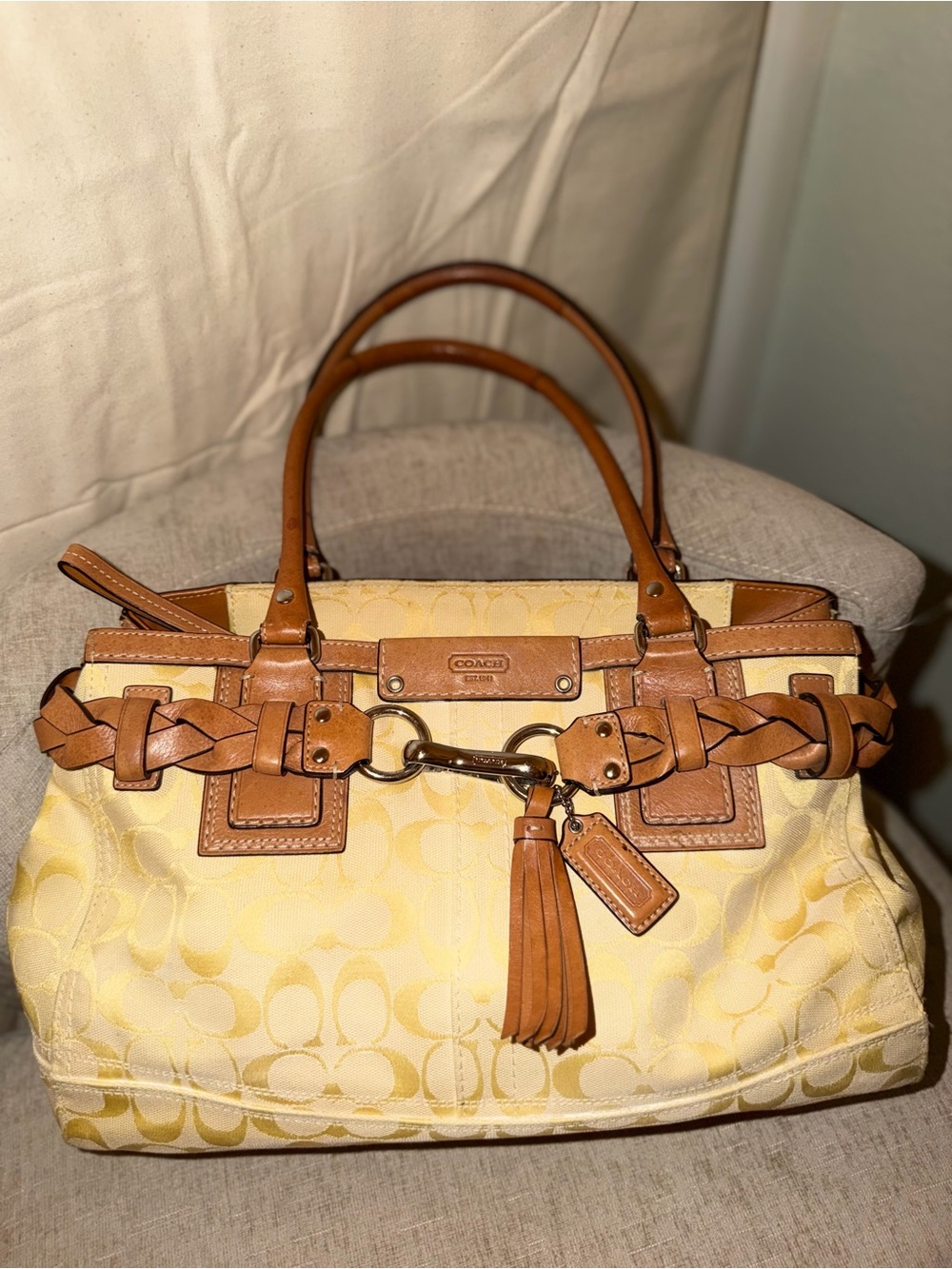 Coach Yellow Signature Canvas Satchel with Tan Leather Trim